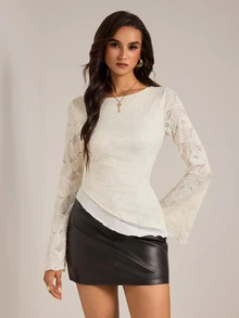 SHEIN Tall Women's Tall White Floral Print Double-Layer Knit T-Shirt With Flared Sleeves - White - View 7