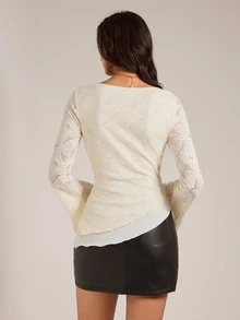 SHEIN Tall Women's Tall White Floral Print Double-Layer Knit T-Shirt With Flared Sleeves - White - View 2