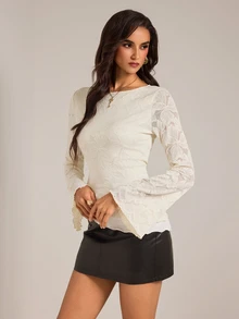 SHEIN Tall Women's Tall White Floral Print Double-Layer Knit T-Shirt With Flared Sleeves - White - View 5
