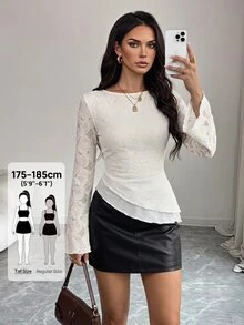 SHEIN Tall Women's Tall White Floral Print Double-Layer Knit T-Shirt With Flared Sleeves - White - View 4