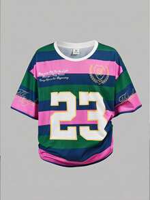 女童豹紋數字拼接V領運動球衣街頭風上衣，足球Y2K圖案豹紋寬鬆運動T恤 - 彩色 - 查看 2