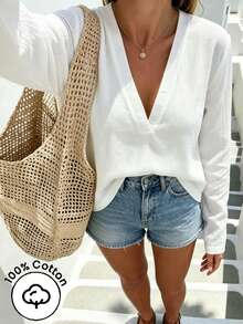 Ceyna Plus Size All-Cotton White V-Neck Casual And Simple Soft-Fit Long-Sleeved Women's Shirt Suitable For All Occasions And Daily Outings - White - View 2