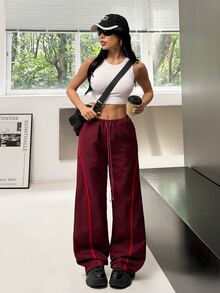 Muchica Women's Burgundy High Waist Straight Leg Elastic Drawstring Contrast Piping Slimming Booty Lift Sports Pants Breathable Gym Running Activewear Jogger - Brown - View 8