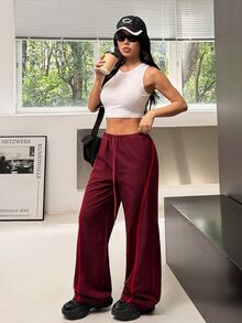 Muchica Women's Burgundy High Waist Straight Leg Elastic Drawstring Contrast Piping Slimming Booty Lift Sports Pants Breathable Gym Running Activewear Jogger - Brown - View 2