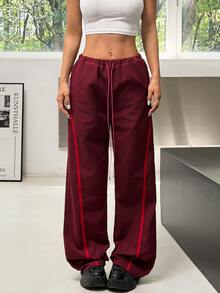 Muchica Women's Burgundy High Waist Straight Leg Elastic Drawstring Contrast Piping Slimming Booty Lift Sports Pants Breathable Gym Running Activewear Jogger - Brown - View 5