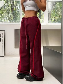 Muchica Women's Burgundy High Waist Straight Leg Elastic Drawstring Contrast Piping Slimming Booty Lift Sports Pants Breathable Gym Running Activewear Jogger - Brown - View 4