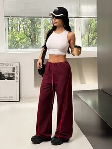 Muchica Women's Burgundy High Waist Straight Leg Elastic Drawstring Contrast Piping Slimming Booty Lift Sports Pants Breathable Gym Running Activewear Jogger - Brown - View 7