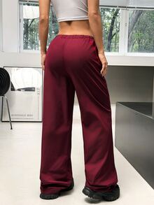 Muchica Women's Burgundy High Waist Straight Leg Elastic Drawstring Contrast Piping Slimming Booty Lift Sports Pants Breathable Gym Running Activewear Jogger - Brown - View 3