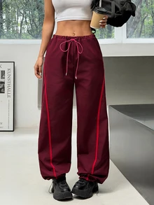 Muchica Women's Burgundy High Waist Straight Leg Elastic Drawstring Contrast Piping Slimming Booty Lift Sports Pants Breathable Gym Running Activewear Jogger - Brown - View 6