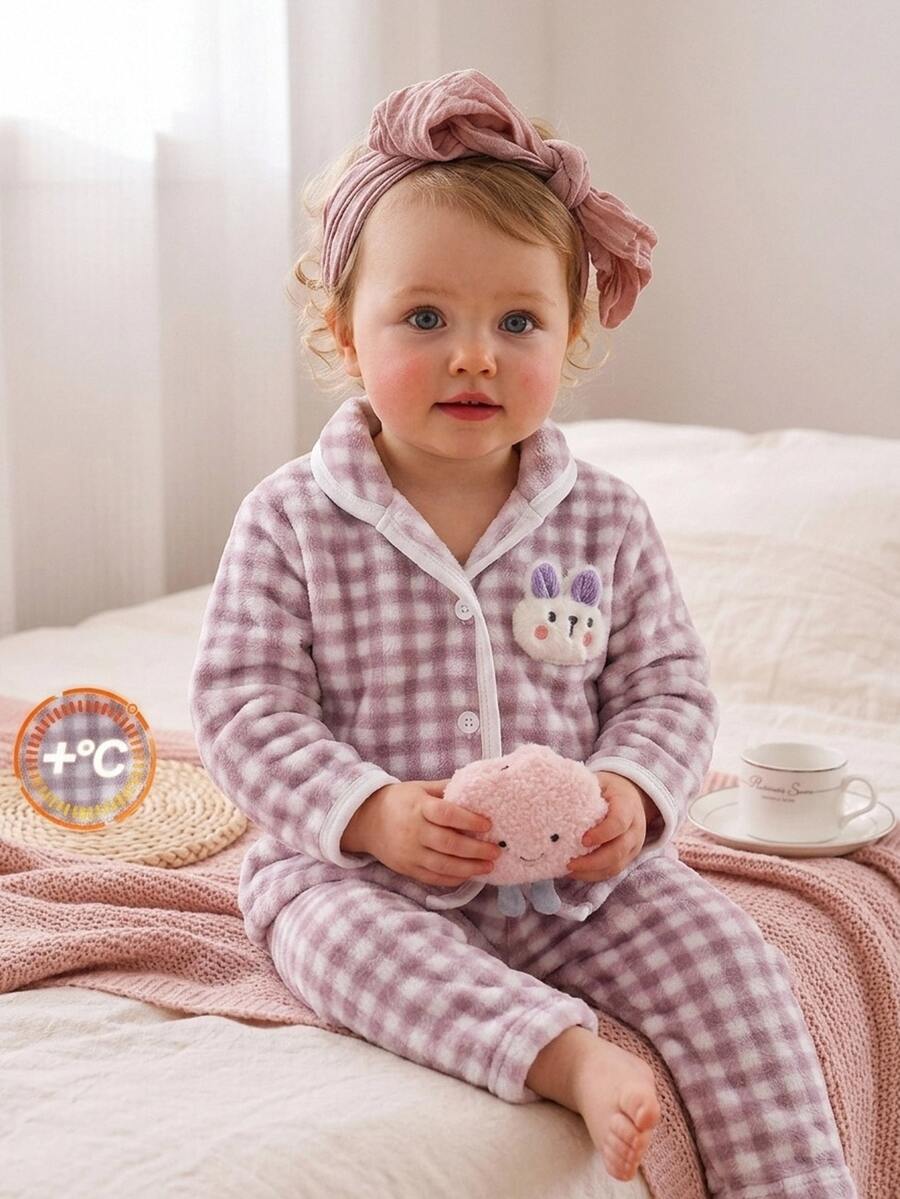 Infant Girls Pink Plush Lapel Front Open Long Sleeve Pants Pajama Set - Purple - View 1
