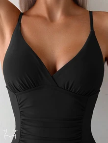Oceva 1pc Women Solid Color Ruched Swimsuit Summer - Black - View 3