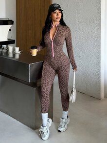 Muchica Women's Brown Leopard Print Half Zip High Neck Long Sleeve Slimming Body Shaping Compression Sports Jumpsuit Breathable Gym Yoga Training Activewear - Brown - View 8