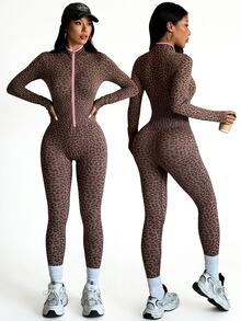 Muchica Women's Brown Leopard Print Half Zip High Neck Long Sleeve Slimming Body Shaping Compression Sports Jumpsuit Breathable Gym Yoga Training Activewear - Brown - View 6