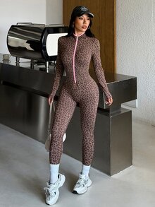 Muchica Women's Brown Leopard Print Half Zip High Neck Long Sleeve Slimming Body Shaping Compression Sports Jumpsuit Breathable Gym Yoga Training Activewear - Brown - View 10