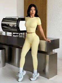 Muchica Women's Light Yellow Short Sleeve Top & Leggings Mesh Back Panel Perforated Shoulder High Stretch Sports Set Breathable Gym Yoga Running Activewear - Yellow - View 9