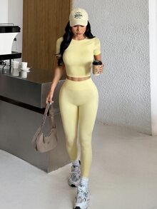 Muchica Women's Light Yellow Short Sleeve Top & Leggings Mesh Back Panel Perforated Shoulder High Stretch Sports Set Breathable Gym Yoga Running Activewear - Yellow - View 10