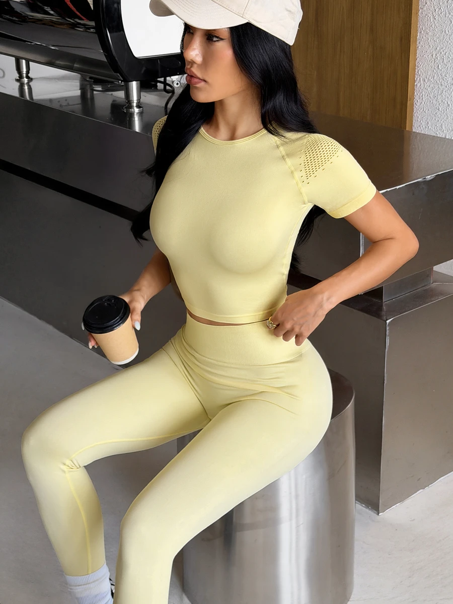 Muchica Women's Light Yellow Short Sleeve Top & Leggings Mesh Back Panel Perforated Shoulder High Stretch Sports Set Breathable Gym Yoga Running Activewear