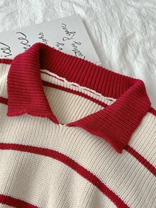 Flirla 女款領口長袖紅白條紋休閒針織套頭毛衣，秋季日常穿著校園風 - 紅白色 - 查看 4