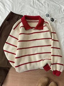 Flirla 女款領口長袖紅白條紋休閒針織套頭毛衣，秋季日常穿著校園風 - 紅白色 - 查看 1