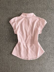 IslaSuriya 女款單排鈕扣純色泡泡袖翻領收腰襯衫 - 淺粉色 - 查看 2