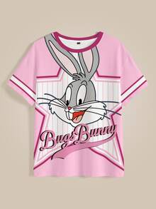 LOONEY TUNES X SHEIN 女款夏季休閒拼色條紋卡通印花T恤 - 白色 - 查看 3