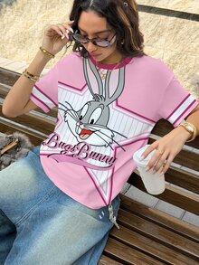 LOONEY TUNES X SHEIN 女款夏季休閒拼色條紋卡通印花T恤 - 白色 - 查看 5