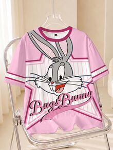 LOONEY TUNES X SHEIN 女款夏季休閒拼色條紋卡通印花T恤 - 白色 - 查看 1