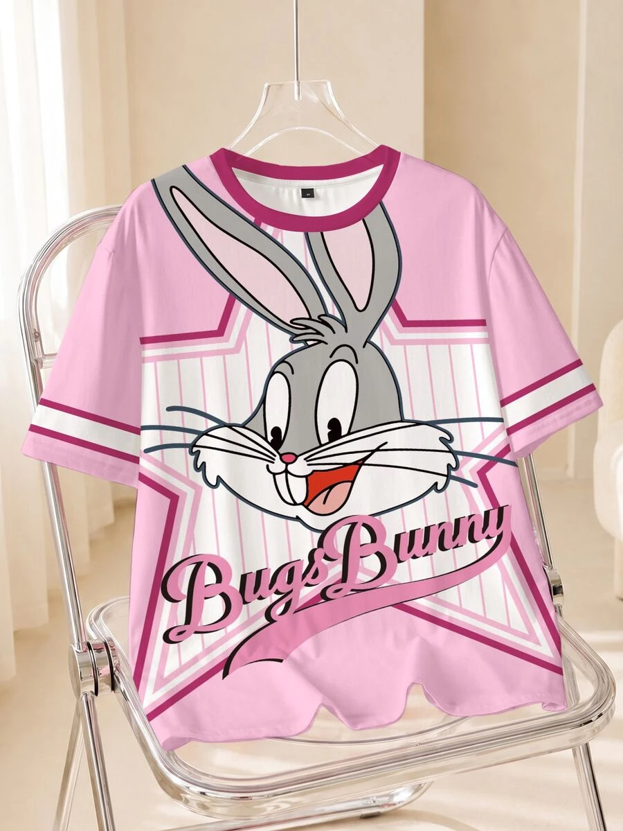 LOONEY TUNES X SHEIN 女款夏季休閒拼色條紋卡通印花T恤 - 白色 - 查看 1