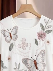 SHEIN Clasi 女款花卉印花圓領繫帶上衣與素色休閒長褲兩件套 - 彩色 - 查看 4