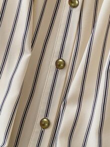 Linhara Plus Size Women's French Striped Smocked Round Neck Puff Sleeve Shirt With Metal Buttons Fall Cloth For Women - Beige - View 5