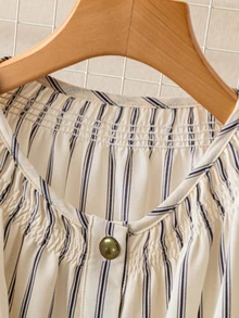Linhara Plus Size Women's French Striped Smocked Round Neck Puff Sleeve Shirt With Metal Buttons Fall Cloth For Women - Beige - View 4