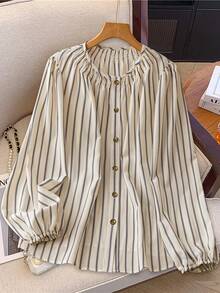 Linhara Plus Size Women's French Striped Smocked Round Neck Puff Sleeve Shirt With Metal Buttons Fall Cloth For Women - Beige - View 1