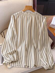 Linhara Plus Size Women's French Striped Smocked Round Neck Puff Sleeve Shirt With Metal Buttons Fall Cloth For Women - Beige - View 2