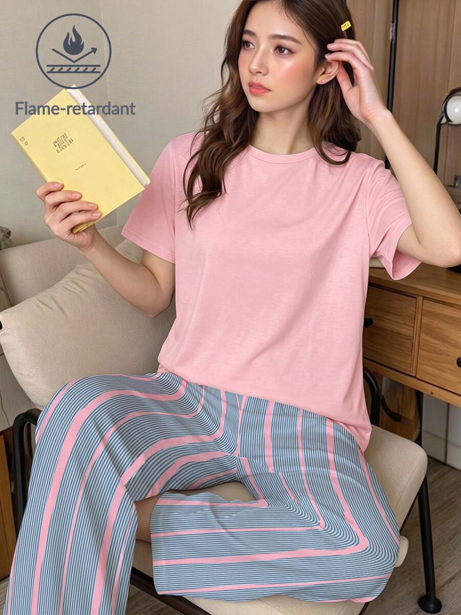 青少年女孩休閒甜美風極簡對比色條紋圓領短袖長褲家居服套裝,適合日常居家穿著,舒適自在,休閒穿搭,時尚女孩風 - 彩色 - 查看 1