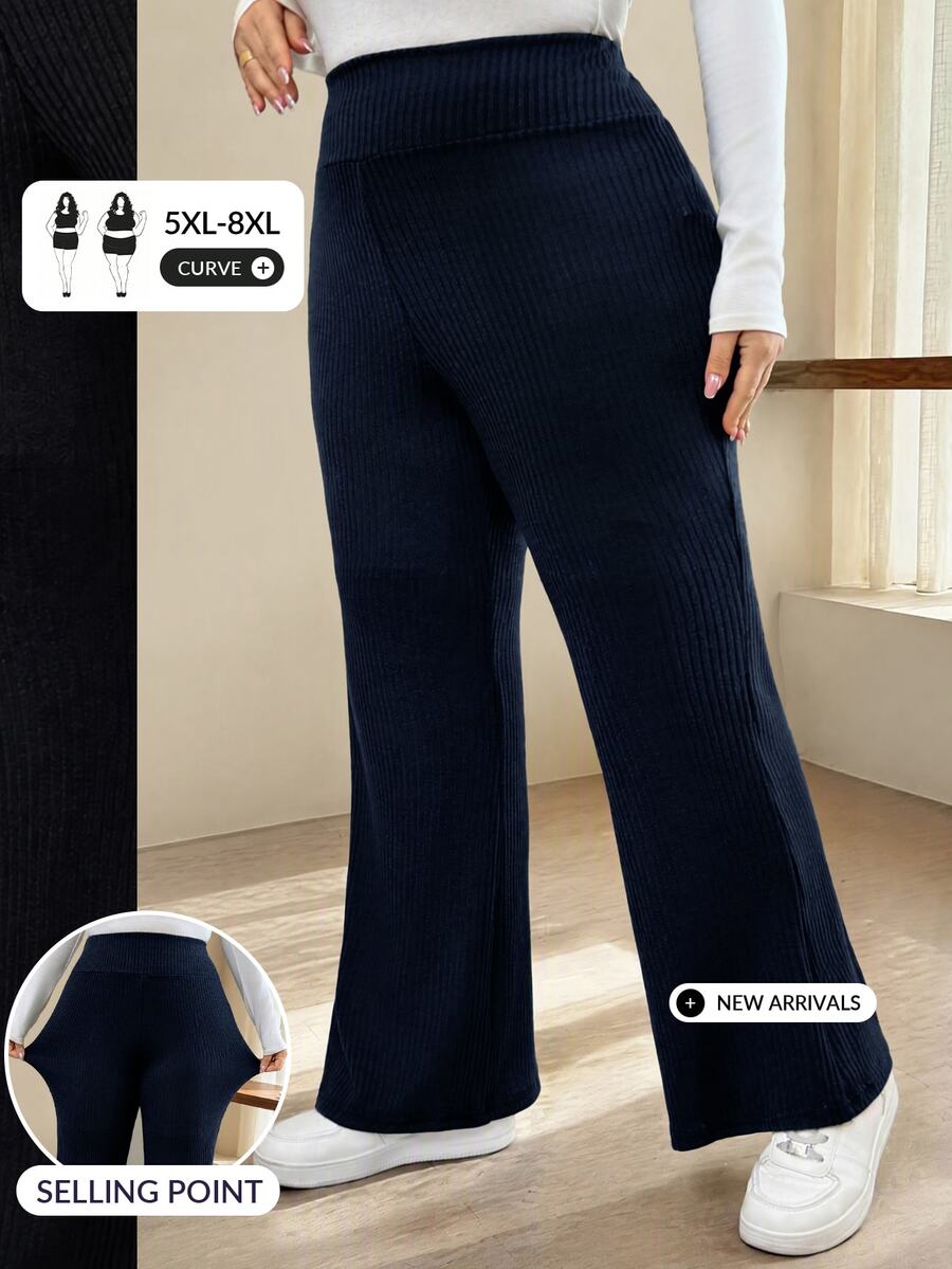 SHEIN CURVE+ Plus Size Women Solid Color Casual Versatile Daily Wear Flare Leg Pants - Navy Blue - View 1