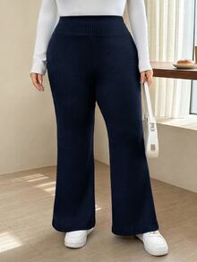SHEIN CURVE+ Plus Size Women Solid Color Casual Versatile Daily Wear Flare Leg Pants - Navy Blue - View 4