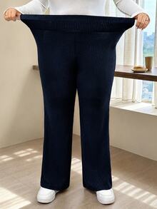 SHEIN CURVE+ Plus Size Women Solid Color Casual Versatile Daily Wear Flare Leg Pants - Navy Blue - View 8