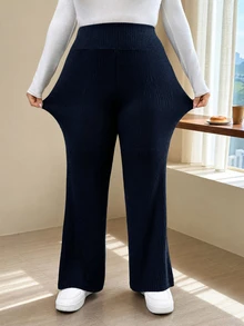 SHEIN CURVE+ Plus Size Women Solid Color Casual Versatile Daily Wear Flare Leg Pants - Navy Blue - View 5