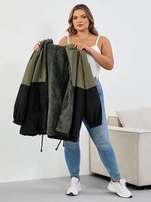 SHEIN CURVE+ Plus Size Women's Contrast Color Hooded Loose Jacket For Autumn And Winter Fall/Autumn /Winter - Multicolor - View 14