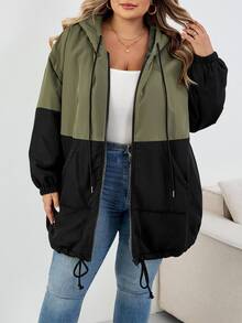 SHEIN CURVE+ Plus Size Women's Contrast Color Hooded Loose Jacket For Autumn And Winter Fall/Autumn /Winter - Multicolor - View 5