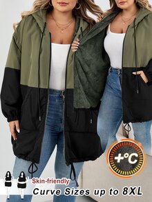 SHEIN CURVE+ Plus Size Women's Contrast Color Hooded Loose Jacket For Autumn And Winter Fall/Autumn /Winter - Multicolor - View 12