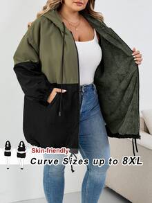 SHEIN CURVE+ Plus Size Women's Contrast Color Hooded Loose Jacket For Autumn And Winter Fall/Autumn /Winter - Multicolor - View 3