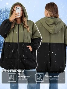SHEIN CURVE+ Plus Size Women's Contrast Color Hooded Loose Jacket For Autumn And Winter Fall/Autumn /Winter - Multicolor - View 1