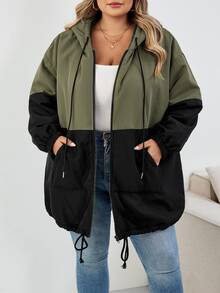 SHEIN CURVE+ Plus Size Women's Contrast Color Hooded Loose Jacket For Autumn And Winter Fall/Autumn /Winter - Multicolor - View 4