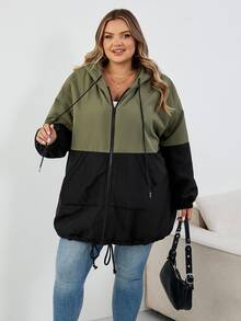 SHEIN CURVE+ Plus Size Women's Contrast Color Hooded Loose Jacket For Autumn And Winter Fall/Autumn /Winter - Multicolor - View 7