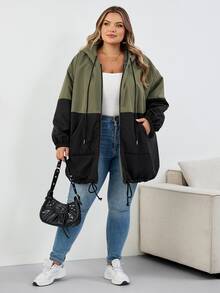 SHEIN CURVE+ Plus Size Women's Contrast Color Hooded Loose Jacket For Autumn And Winter Fall/Autumn /Winter - Multicolor - View 6