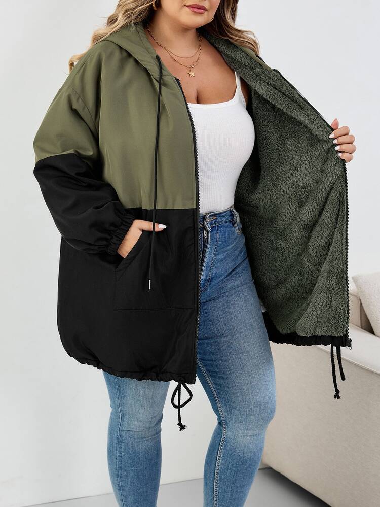 SHEIN CURVE+ 大码女式撞色连帽宽松夹克，适合秋冬季秋季/冬季 - 彩色 - 查看 10