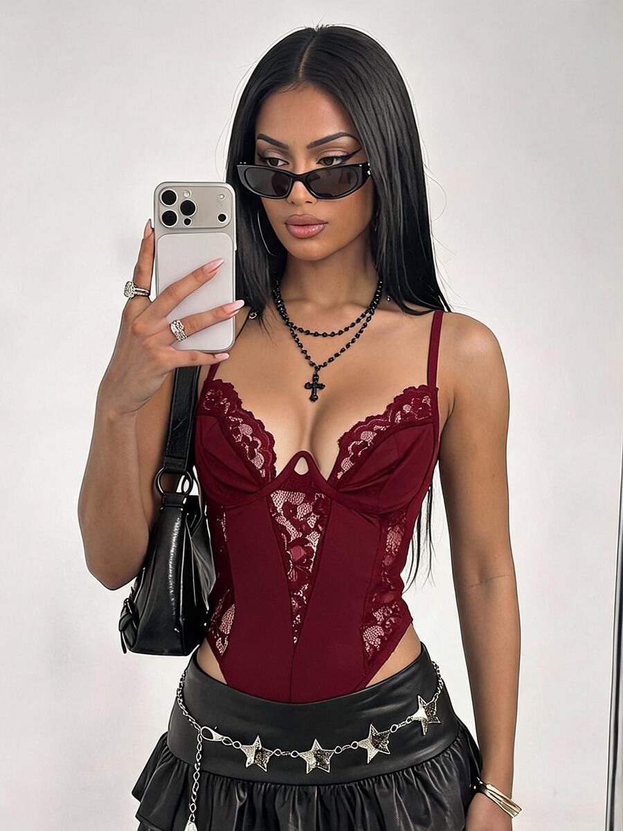 SHEIN ICON Y2K Spring Carnival Lace Patchwork Cropped Camisole Tops High Waisted Backless Camisole For Women - Burgundy - View 1