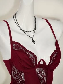 SHEIN ICON Y2K Spring Carnival Lace Patchwork Cropped Camisole Tops High Waisted Backless Camisole For Women - Burgundy - View 10