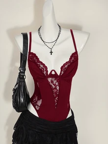 SHEIN ICON Y2K Spring Carnival Lace Patchwork Cropped Camisole Tops High Waisted Backless Camisole For Women - Burgundy - View 6